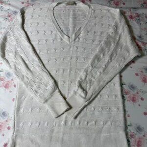 Joan Vass Studio White Cable Knit Sweater Women's M V-Neck Pullover L